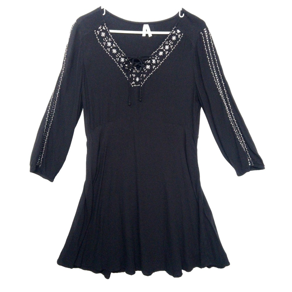 Y2k Mudd Peasant Lace Up Embroidered Trim Boho Goth Ren Mini Dress Womens L Vtg